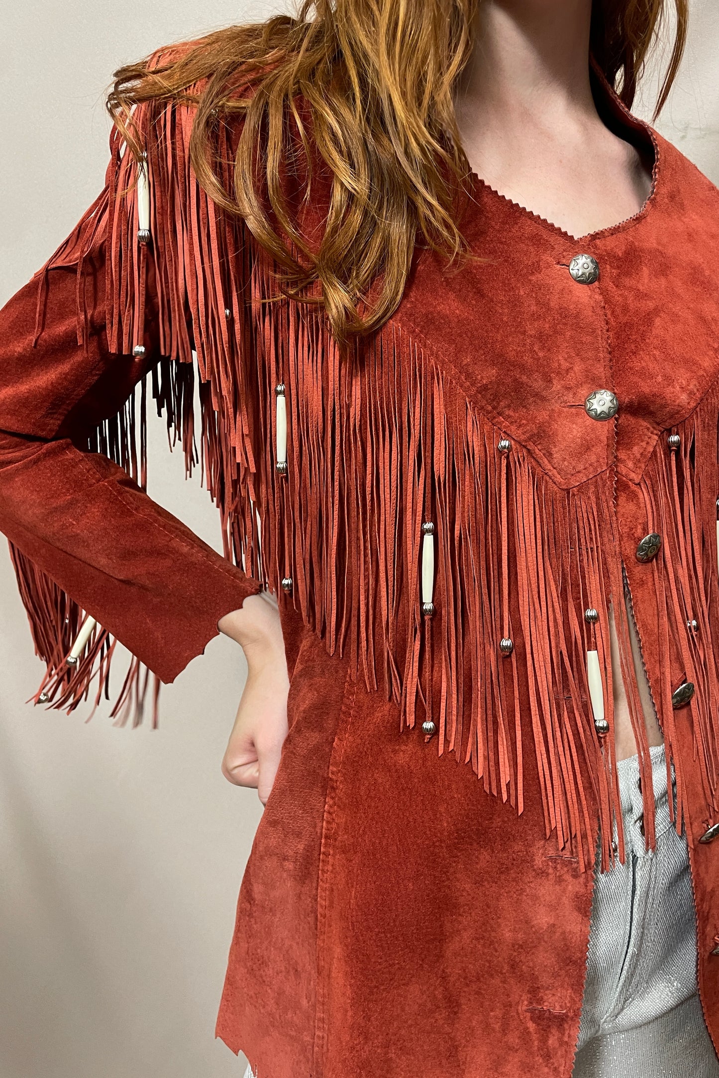 Mega fringe rust coloured suede jacket Selected by Cannonball and Tilly