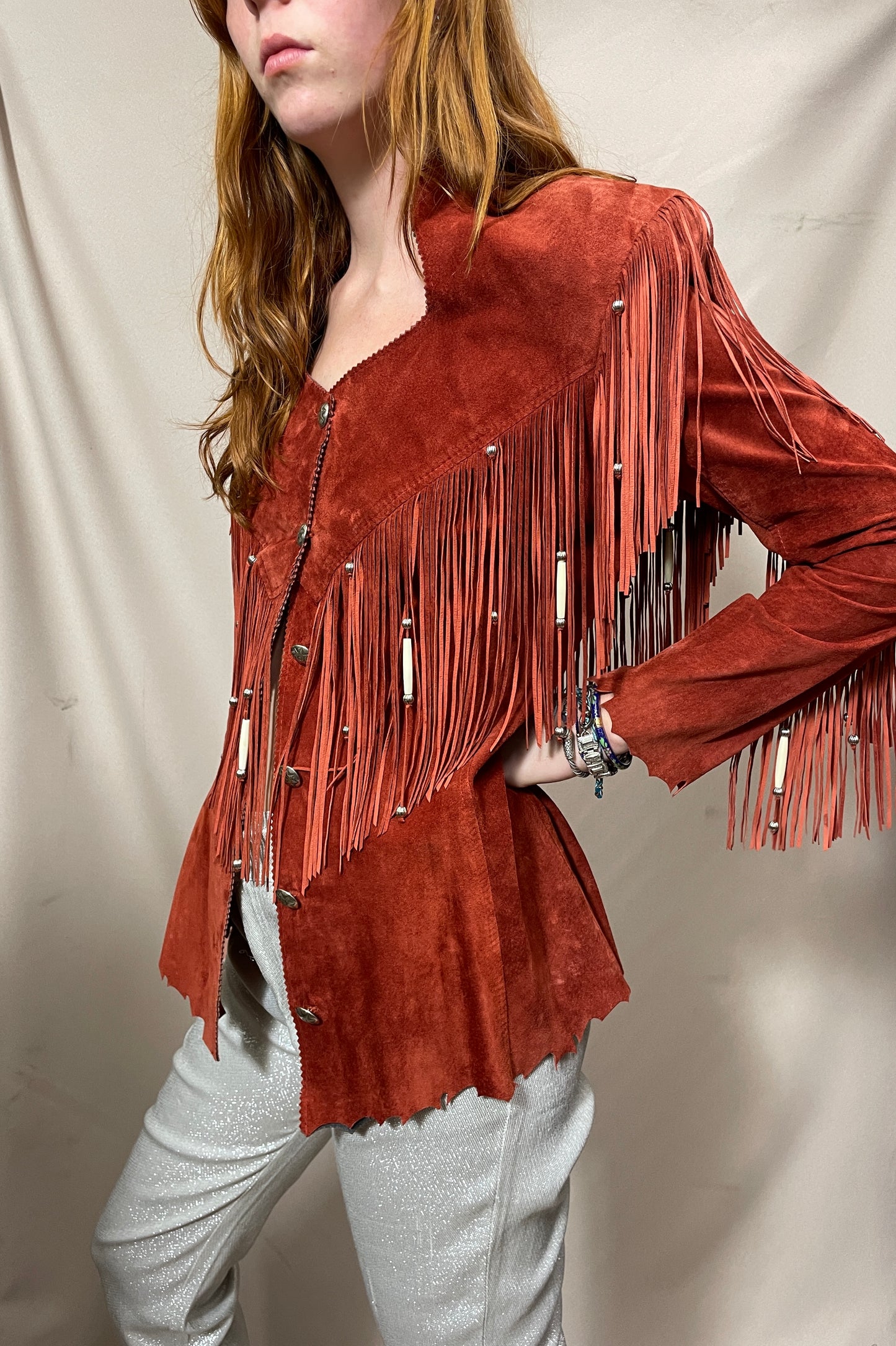 Mega fringe rust coloured suede jacket Selected by Cannonball and Tilly