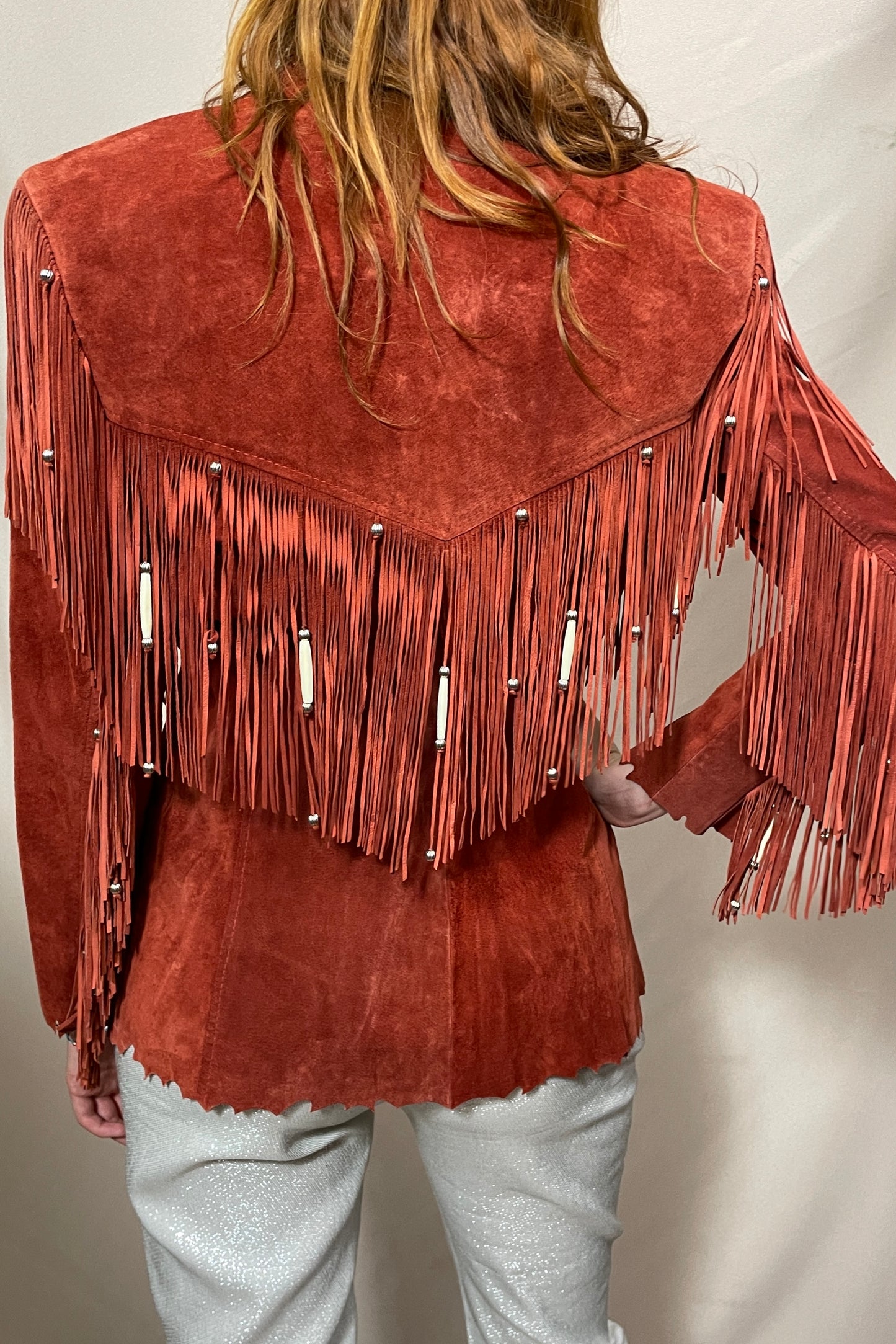 Mega fringe rust coloured suede jacket Selected by Cannonball and Tilly