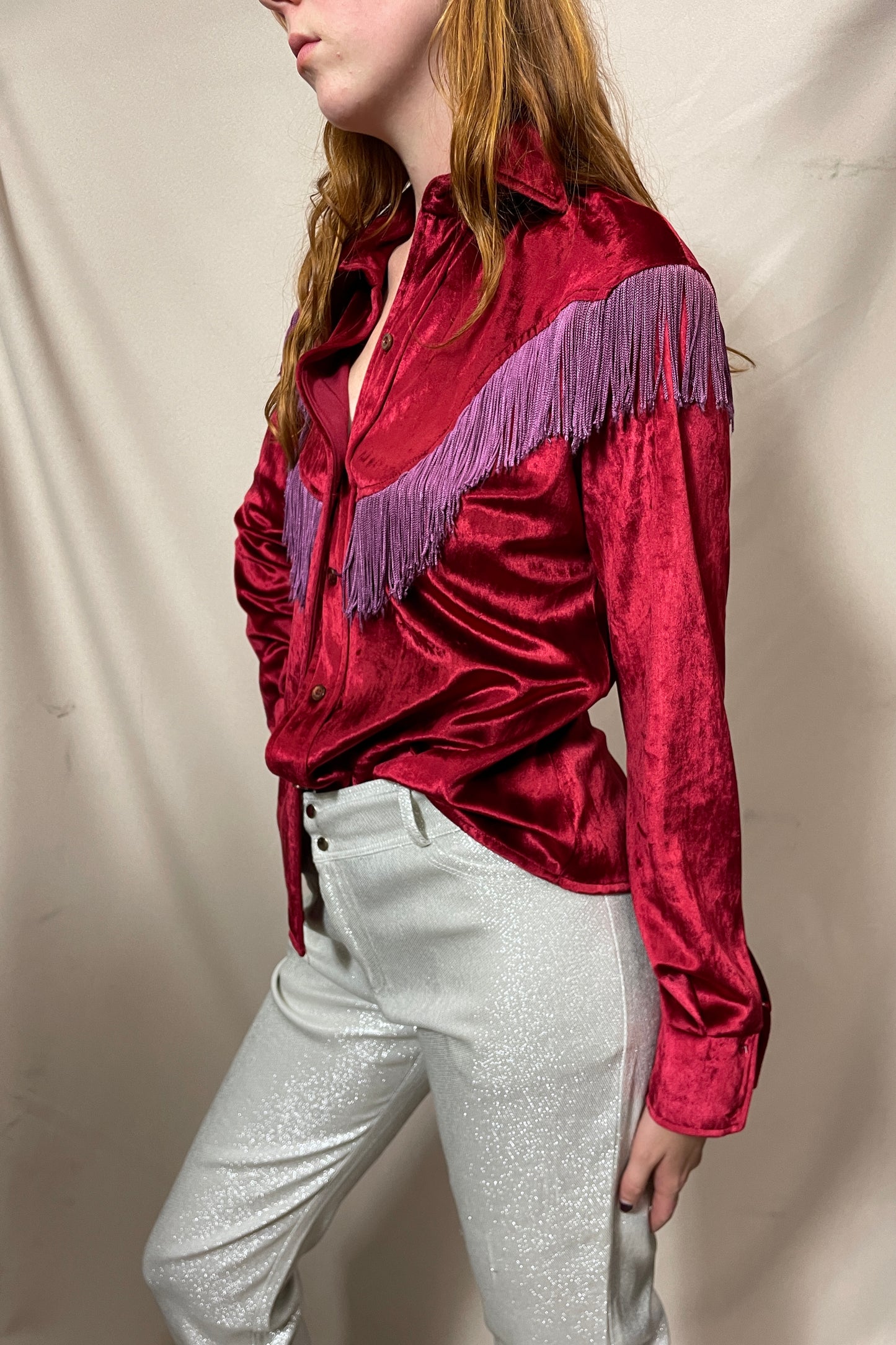 Dark red velvet with purple fringe cowgirl top Selected by Cannonball and Tilly