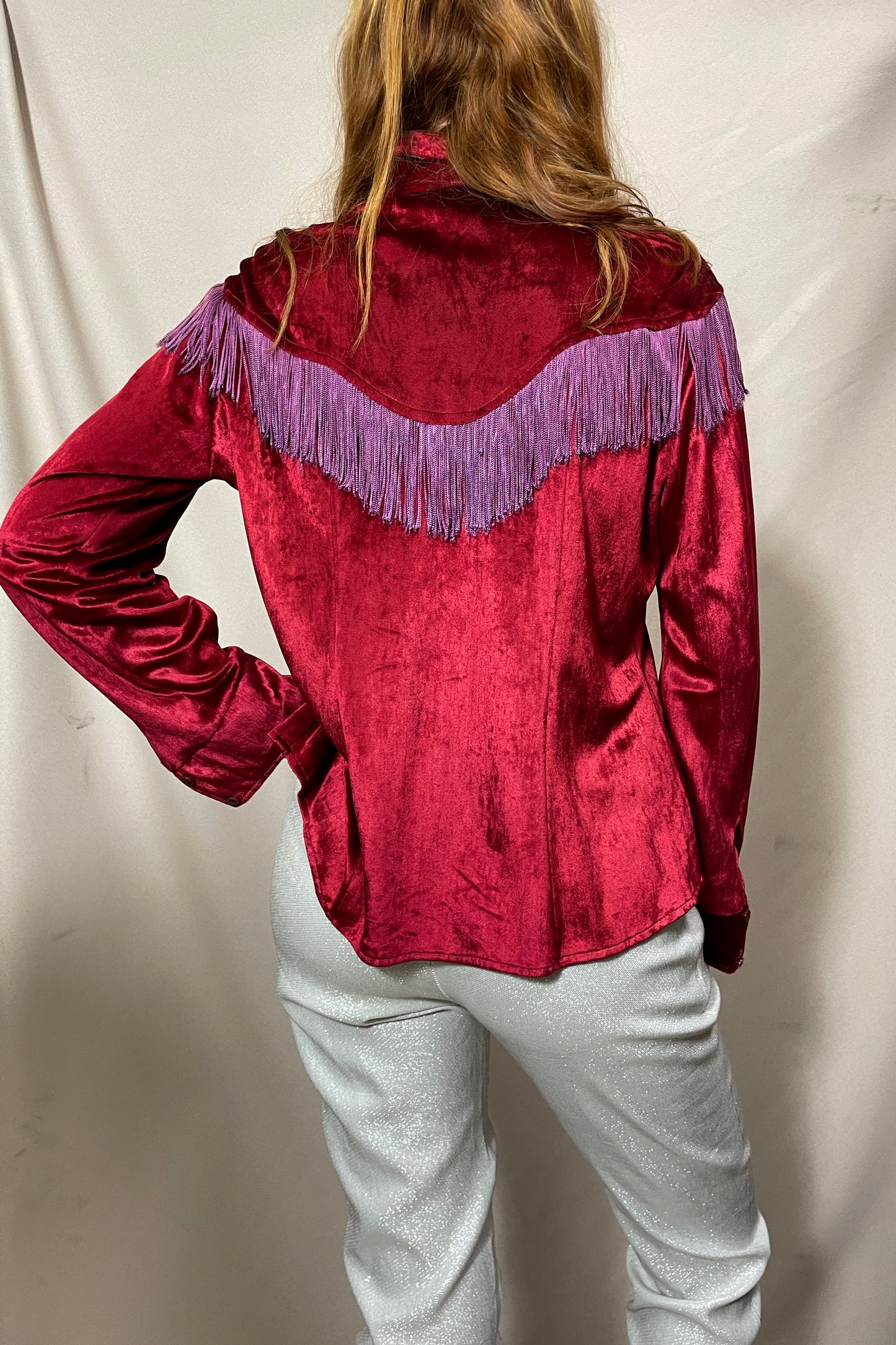 Dark red velvet with purple fringe cowgirl top Selected by Cannonball and Tilly