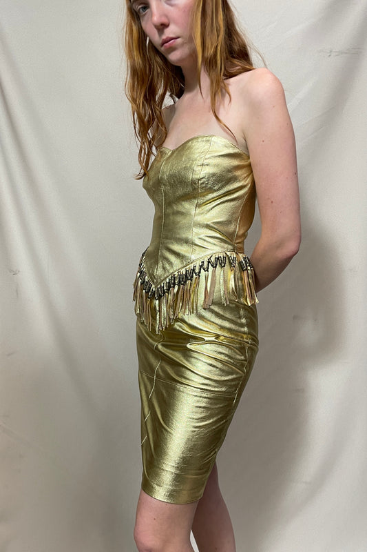 Gold leather strapless fringe party dress Selected by Cannonball and Tilly