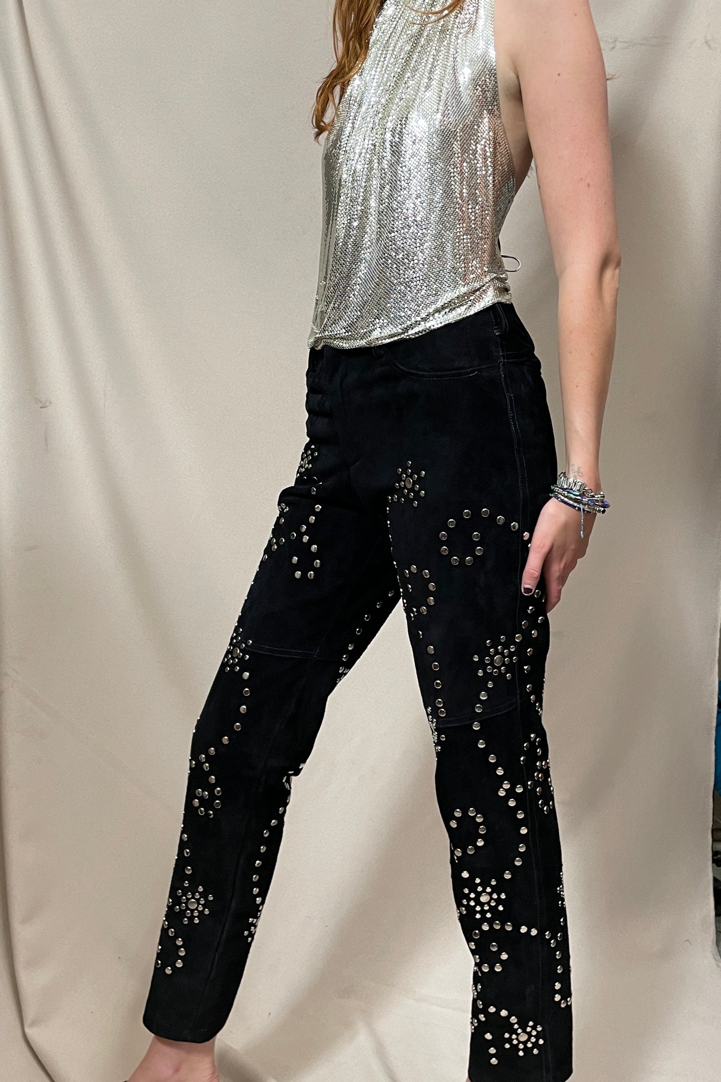 Black studded suede pants Selected by Cannonball and Tilly