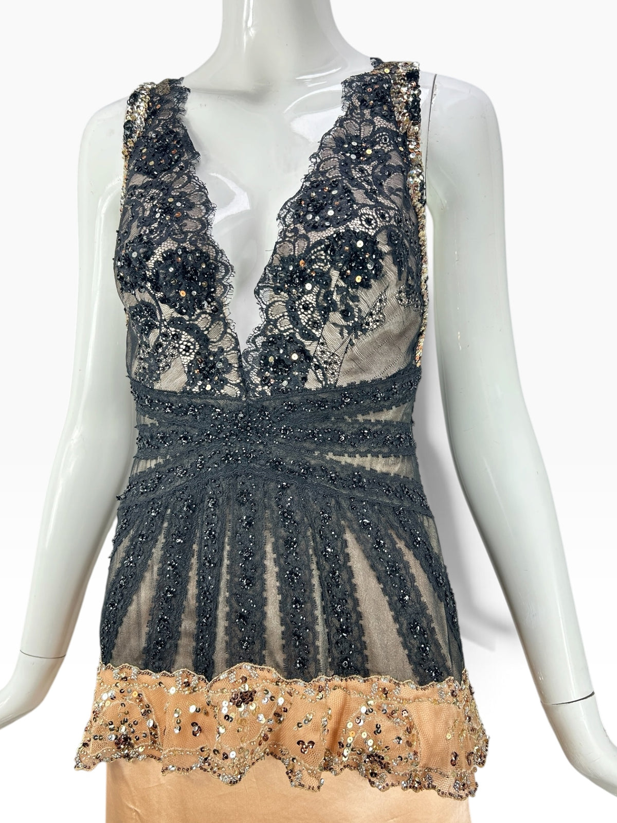 Cannonball and Tilly black lace evening bodysuit with gold sequin trim, plunging neckline, and beaded bodice detail.