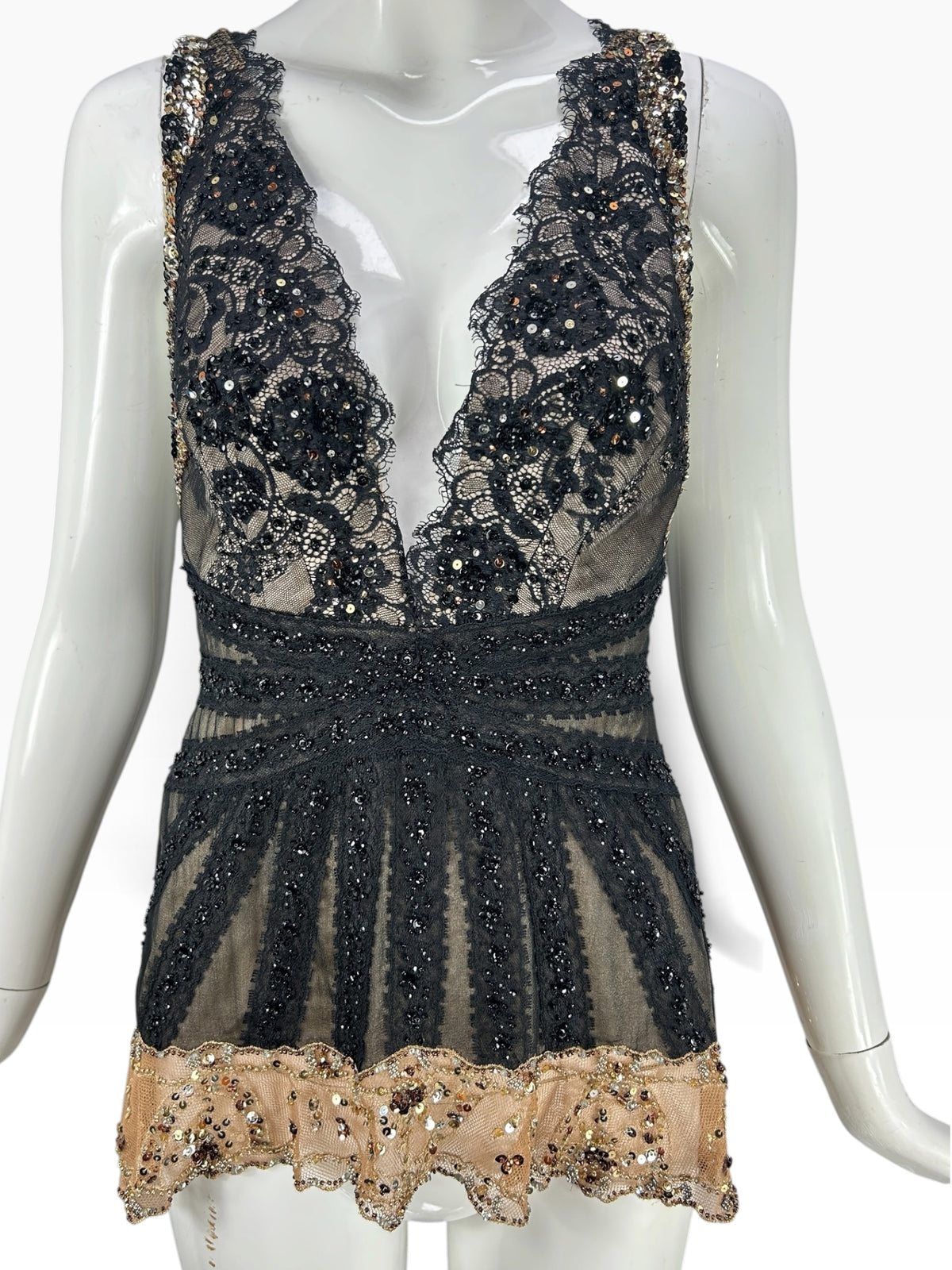 Cannonball and Tilly black lace evening bodysuit with gold sequin trim, plunging neckline, and beaded bodice details.