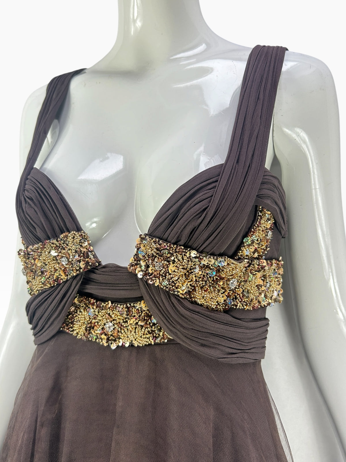 Cannonball and Tilly chocolate brown sleeveless evening dress with intricate gold and bronze beaded bodice detailing