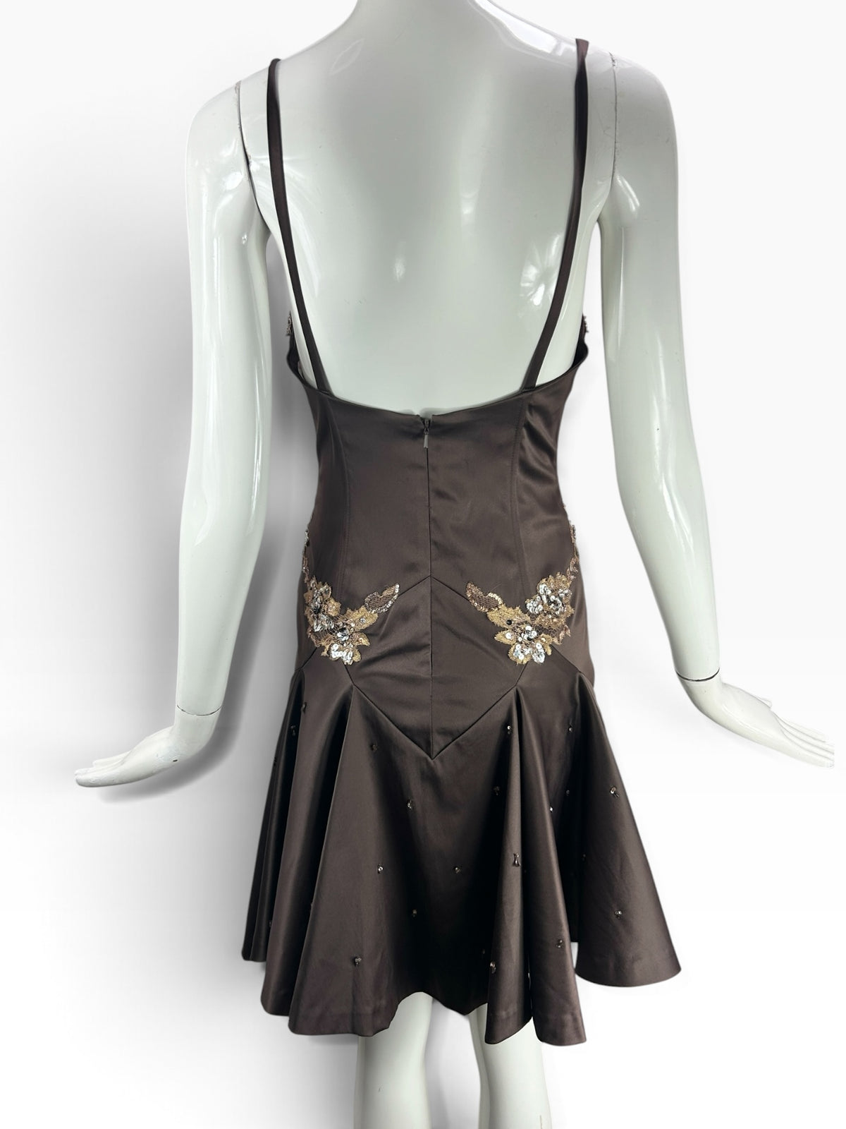 Cannonball and Tilly chocolate brown satin evening dress with back lace and crystal embellishments on a mannequin
