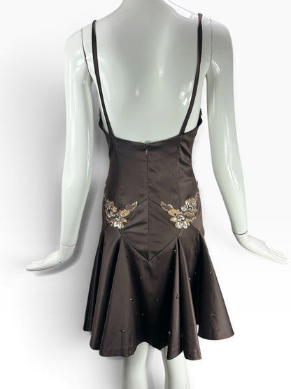 Cannonball and Tilly chocolate brown satin evening dress with back lace and crystal embellishments on a mannequin