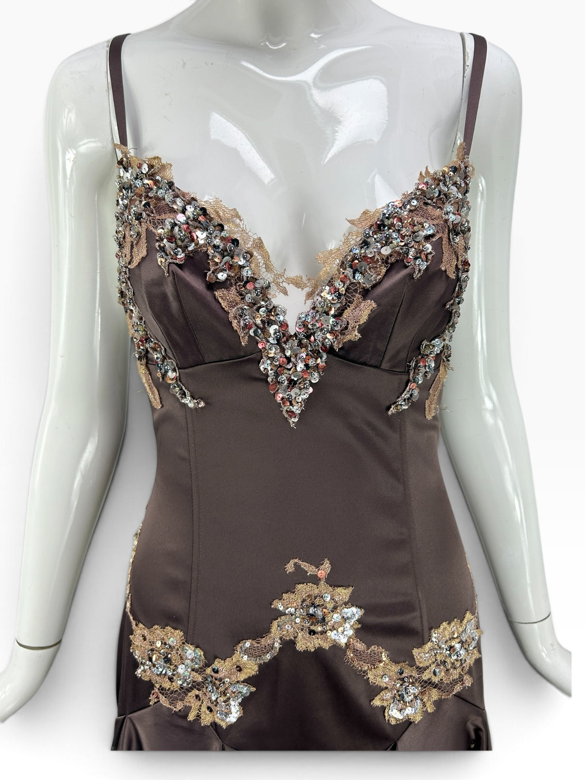Cannonball and Tilly chocolate brown satin evening dress with V-neckline, lace appliqués, and crystal embellishments.