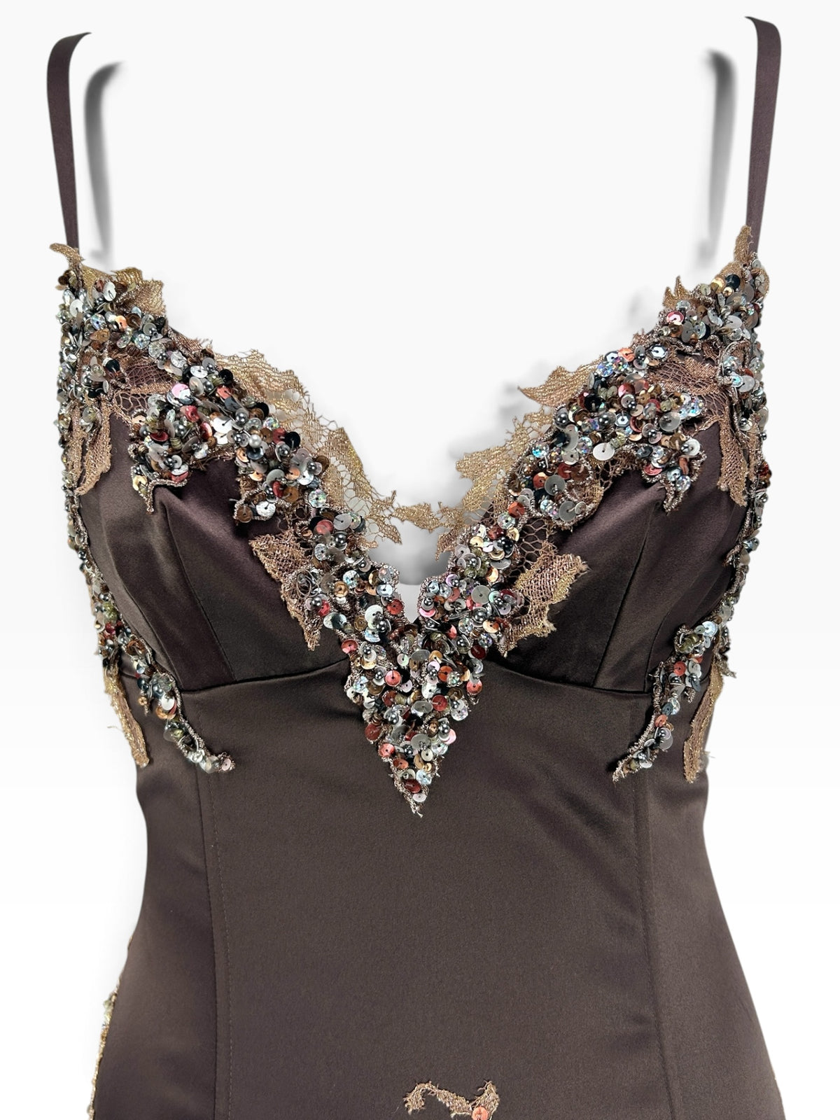 Cannonball and Tilly chocolate brown satin evening dress with a V-neckline featuring lace and sequin embellishments.
