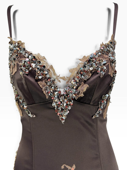 Cannonball and Tilly chocolate brown satin evening dress with a V-neckline featuring lace and sequin embellishments.