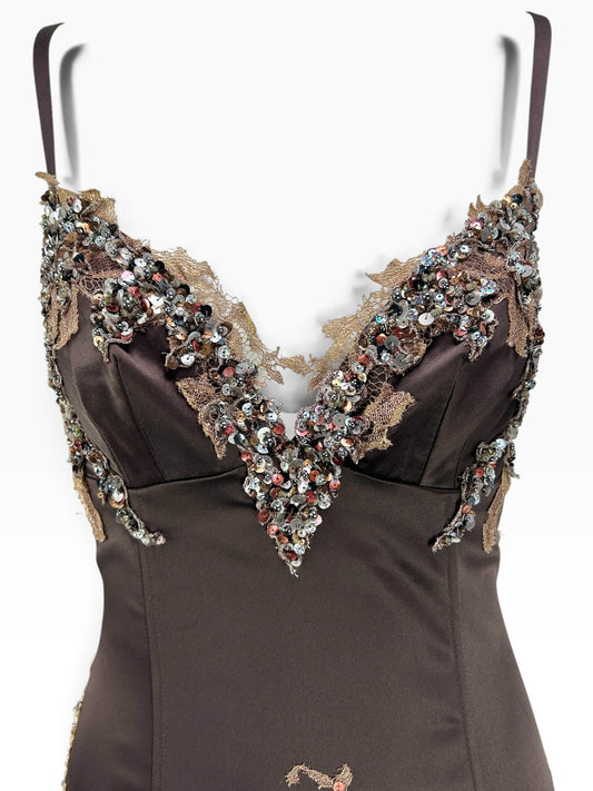 Cannonball and Tilly chocolate brown satin evening dress with a V-neckline featuring lace and sequin embellishments.