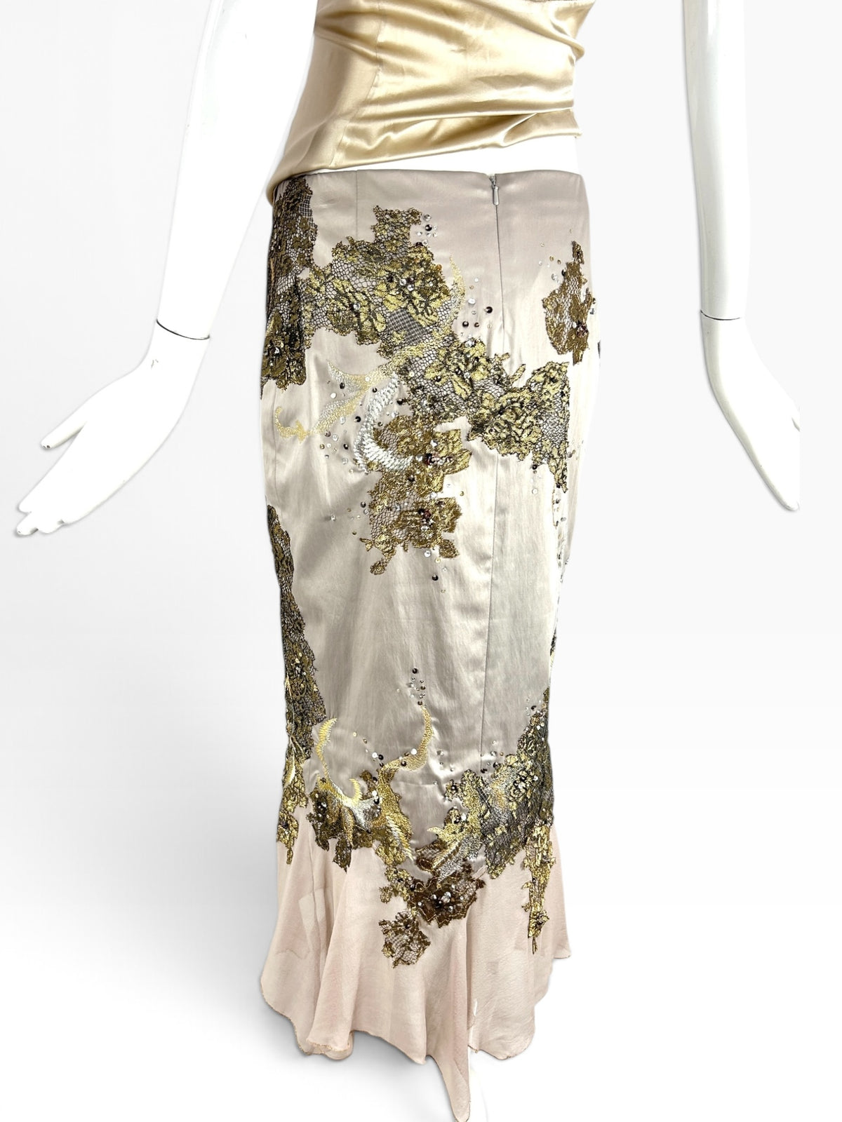 Cannonball and Tilly champagne mermaid maxi skirt with intricate gold floral embroidery, sequins, and beadwork.