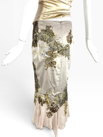 Cannonball and Tilly champagne mermaid maxi skirt with intricate gold floral embroidery, sequins, and beadwork.