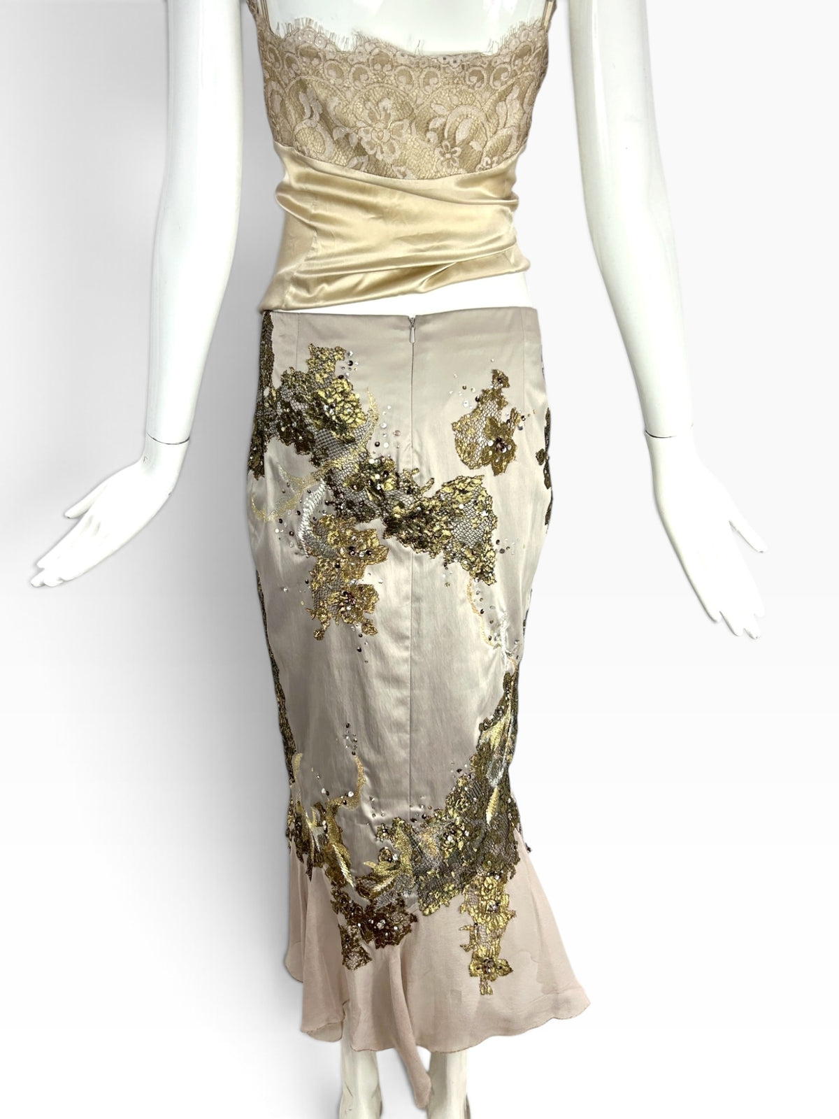 Cannonball and Tilly champagne mermaid maxi skirt with intricate gold floral embroidery, sequins, and beadwork.