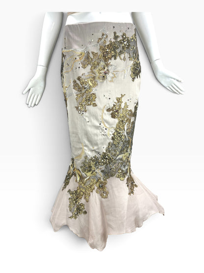 Cannonball and Tilly champagne mermaid maxi skirt with intricate gold floral embroidery, sequins, and beadwork.
