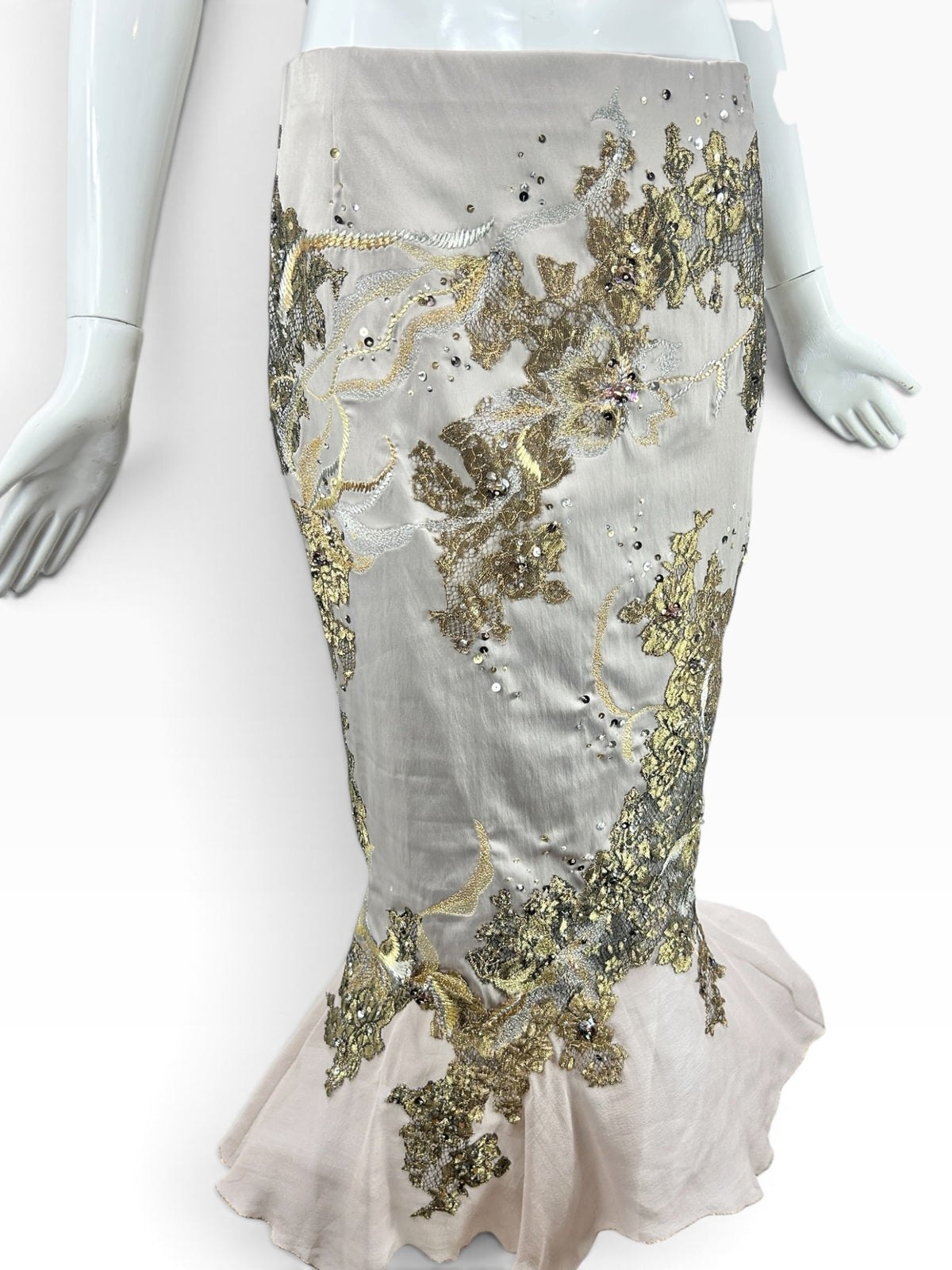 Cannonball and Tilly champagne mermaid maxi skirt with intricate gold floral embroidery, sequins, and beaded details.
