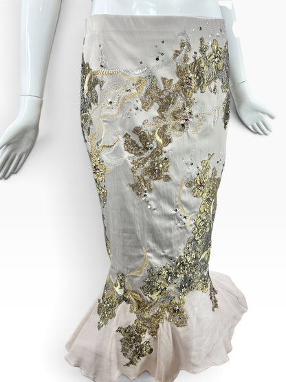 Cannonball and Tilly champagne mermaid maxi skirt with intricate gold floral embroidery, sequins, and beaded details.