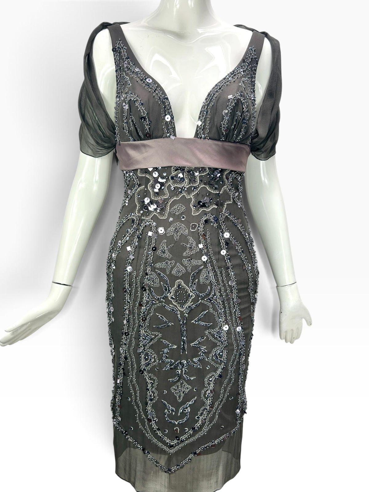 Cannonball and Tilly charcoal grey midi evening dress with intricate sequin beadwork, satin waistband, and sheer sleeves.