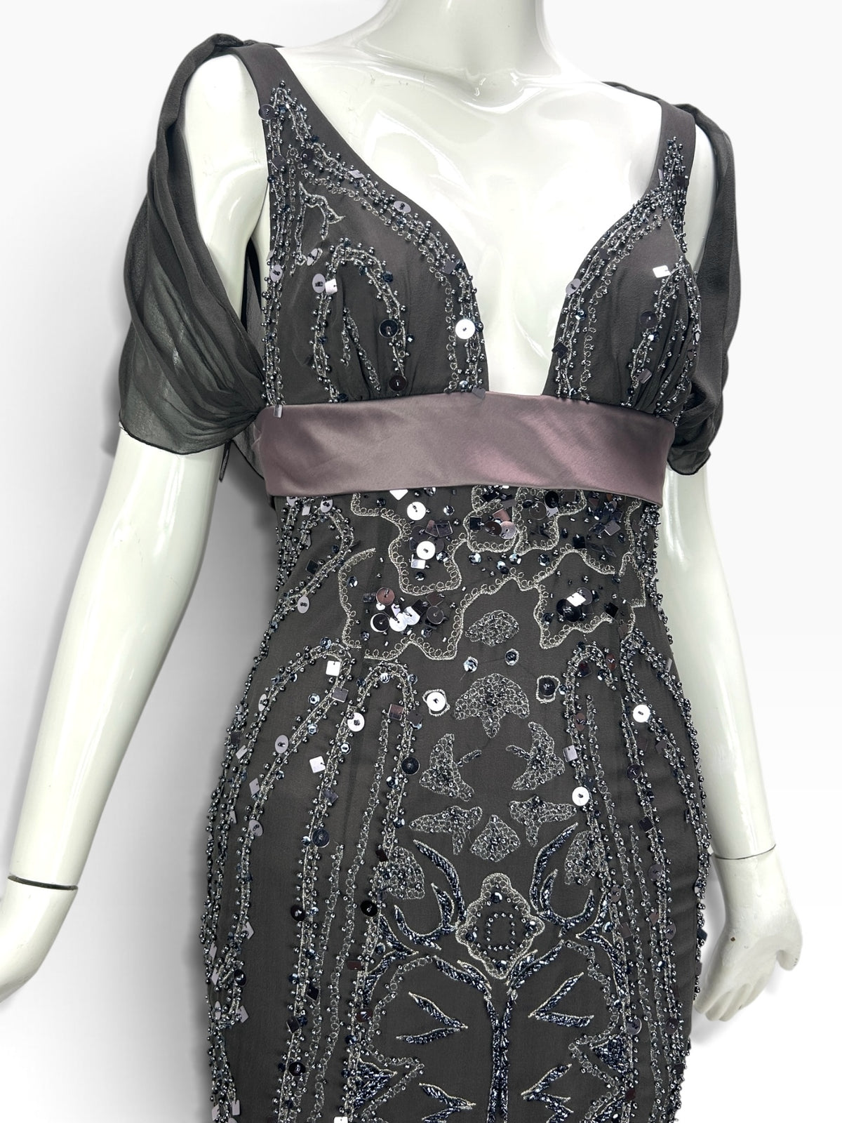 Cannonball and Tilly charcoal grey midi evening dress with intricate sequin beadwork, satin waistband, and draped sleeves