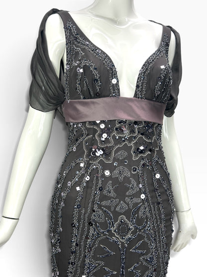 Cannonball and Tilly charcoal grey midi evening dress with intricate sequin beadwork, satin waistband, and draped sleeves