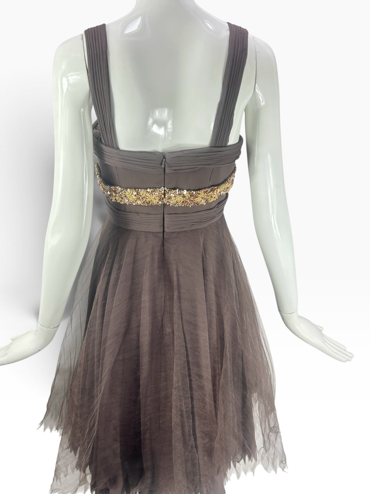 Cannonball and Tilly chocolate brown sleeveless evening dress with gold beaded waist detail and tulle skirt back view