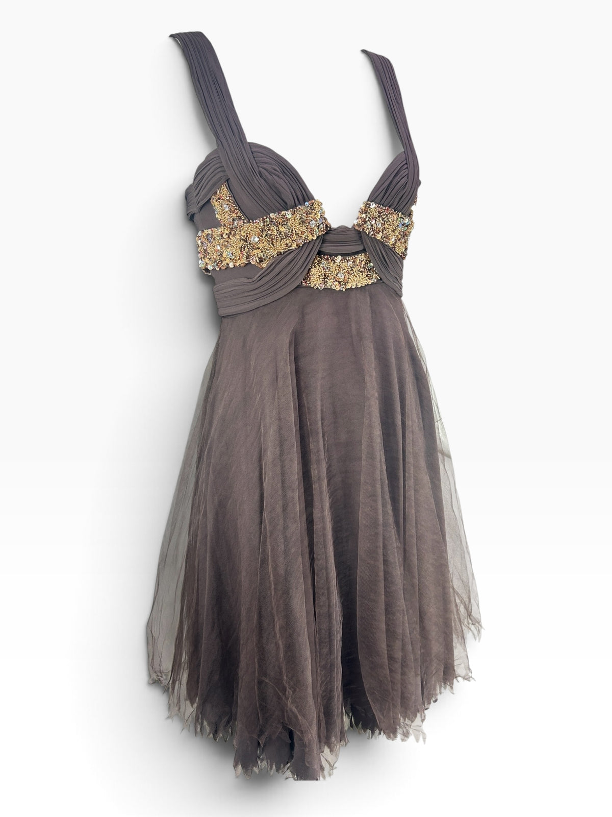 Cannonball and Tilly chocolate brown sleeveless evening dress with gold beaded bodice and layered tulle skirt.