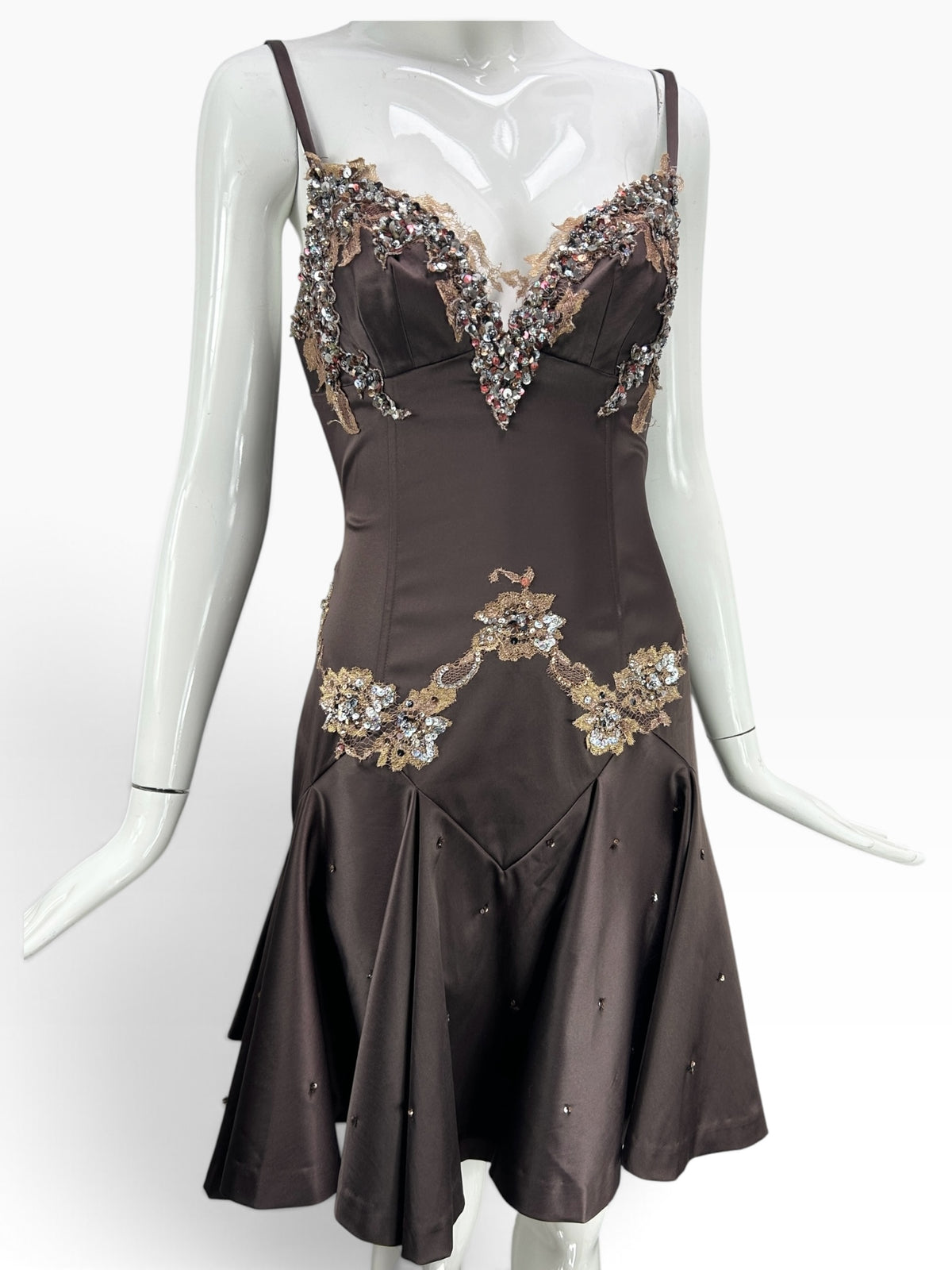 Cannonball and Tilly chocolate brown satin cocktail dress with V-neck, lace appliqués, and crystal embellishments.