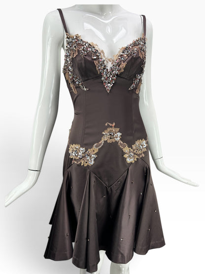 Cannonball and Tilly chocolate brown satin cocktail dress with V-neck, lace appliqués, and crystal embellishments.