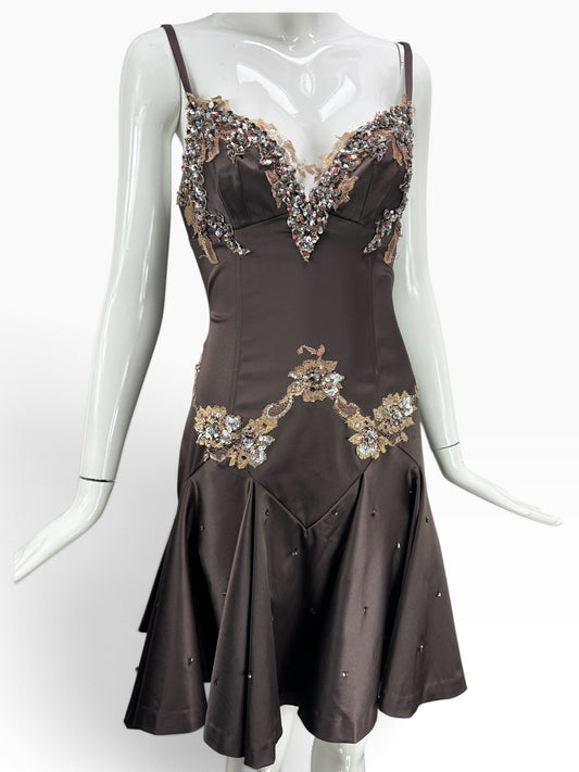 Cannonball and Tilly chocolate brown satin cocktail dress with V-neck, lace appliqués, and crystal embellishments.