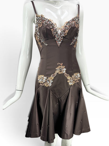 Cannonball and Tilly chocolate brown satin evening dress with V-neck, lace appliqués, and crystal embellishments.
