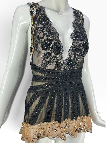 Cannonball and Tilly black lace evening bodysuit with gold sequin trim, plunging neckline, and beaded bodice details.