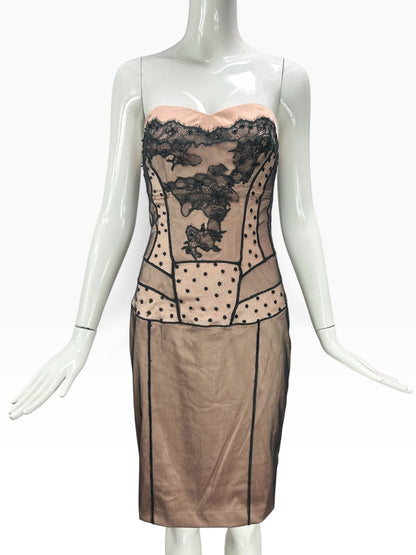 Cannonball and Tilly strapless midi dress with nude base, black lace floral appliques, and polka-dot mesh overlay.