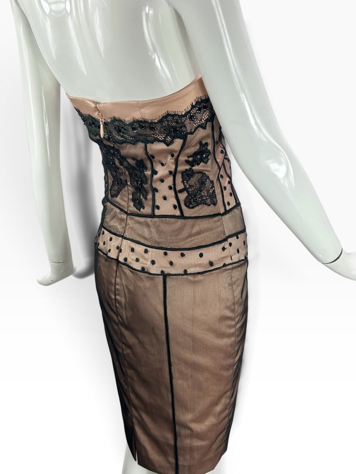Cannonball and Tilly strapless midi dress with nude base, black lace overlay, and polka-dot mesh corset bodice.