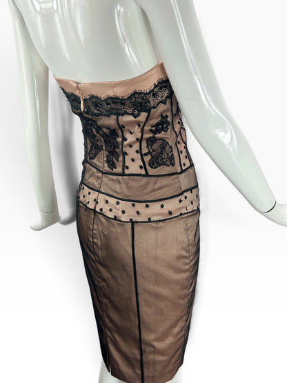 Cannonball and Tilly strapless midi dress with nude base, black lace overlay, and polka-dot mesh corset bodice.