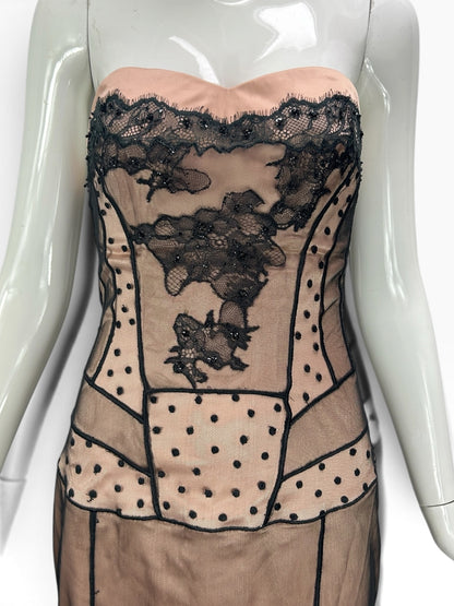 Cannonball and Tilly strapless midi dress with nude base, black lace floral appliques, and polka-dot mesh overlay.