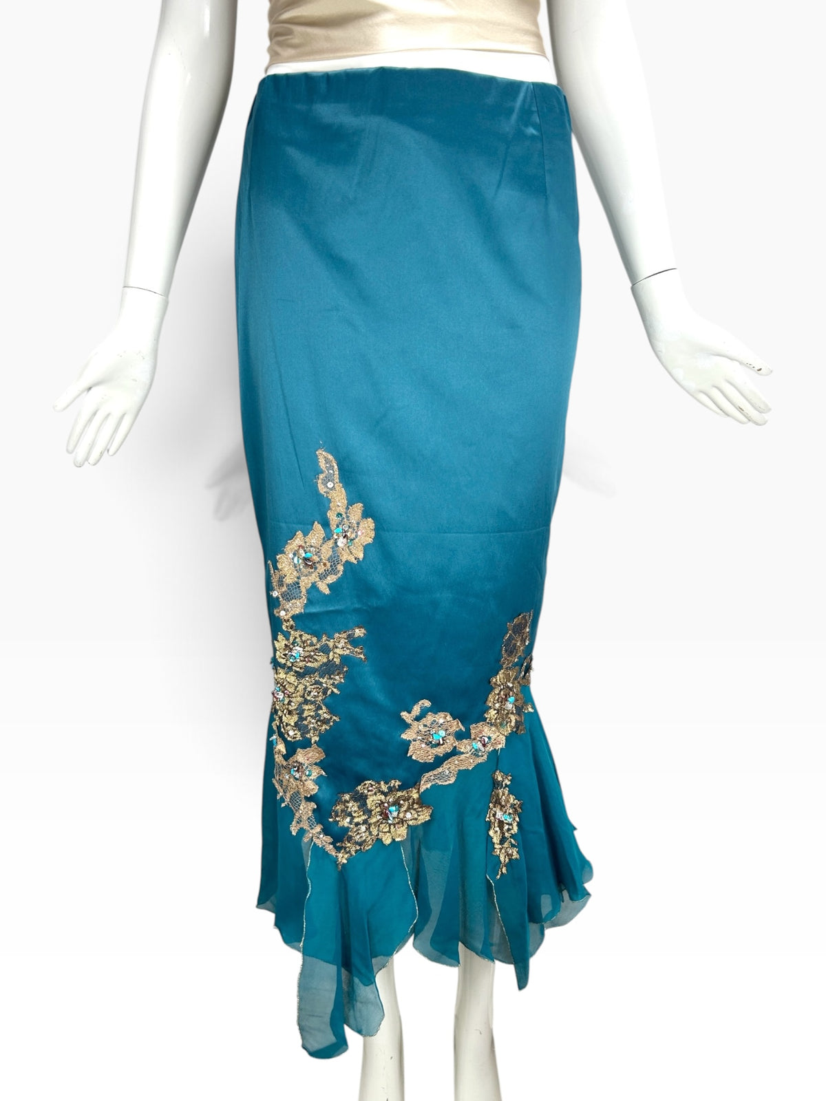 Cannonball and Tilly teal satin mermaid skirt with gold floral embroidery, sequins, and crystal embellishments.