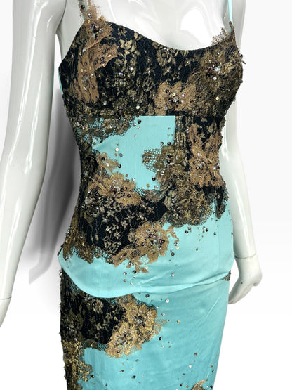 Cannonball and Tilly turquoise mermaid evening dress with black and gold sequined lace overlay and sweetheart neckline