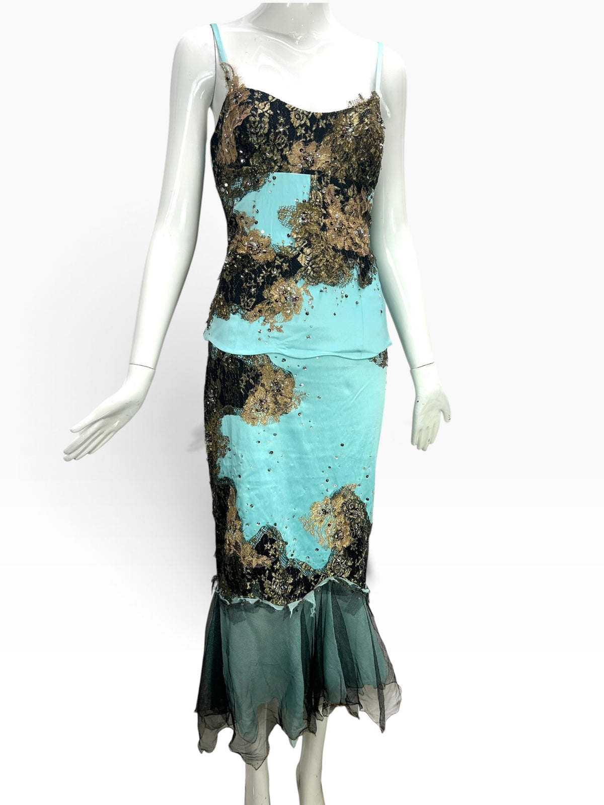 Cannonball and Tilly turquoise mermaid evening dress with black and gold sequined lace overlay and tulle hem