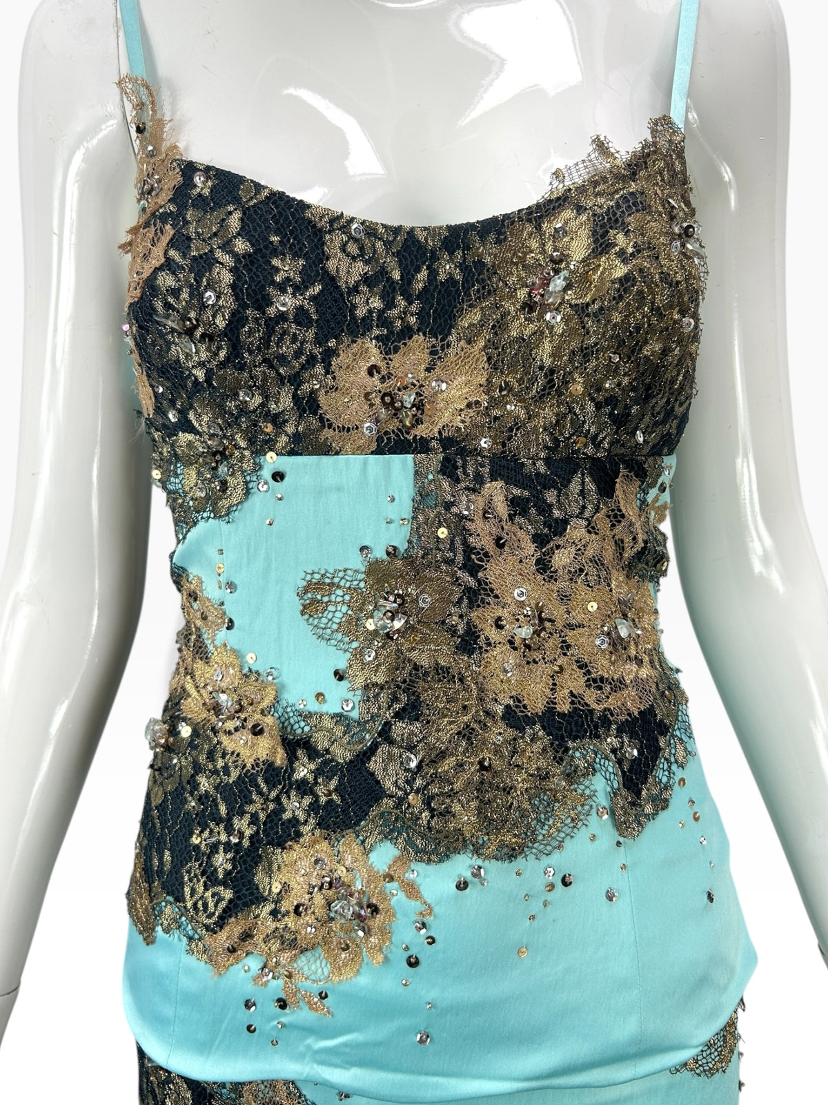 Cannonball and Tilly turquoise mermaid evening dress with black and gold sequined lace overlay and sweetheart neckline