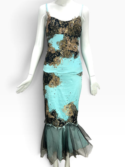 Cannonball and Tilly turquoise mermaid evening dress with black and gold sequined lace overlay and sheer tulle hem