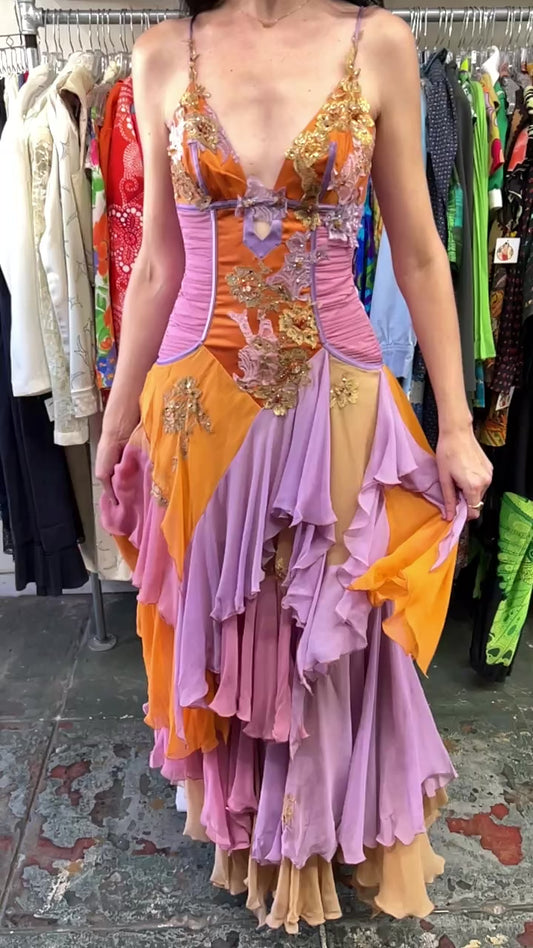 Mandalay Long Layered Silk Gown with Lace and Beaded Details – Sunset Lavender, Rose & Gold sizes 4-6-8-10 Addison Rae