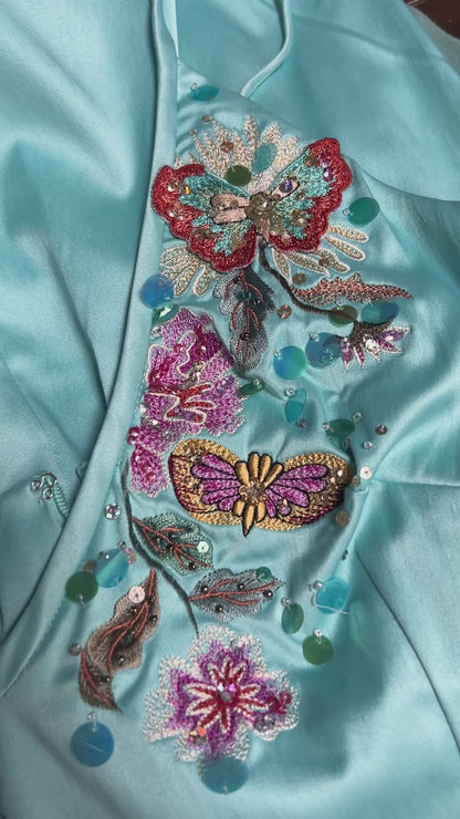 Mandalay Aqua Silk Butterfly Embroidered Dress – Deadstock Y2K Beaded Slip Dress | Size 8