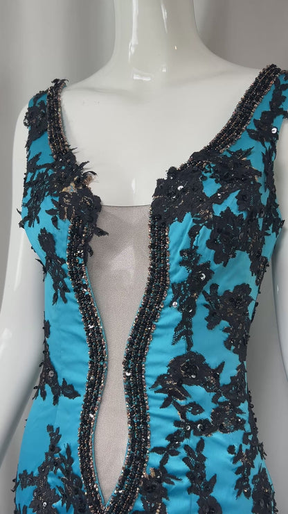 Mandalay Blue Illusion Lace Cocktail Dress – Deadstock Y2K Satin Dress | Size 6